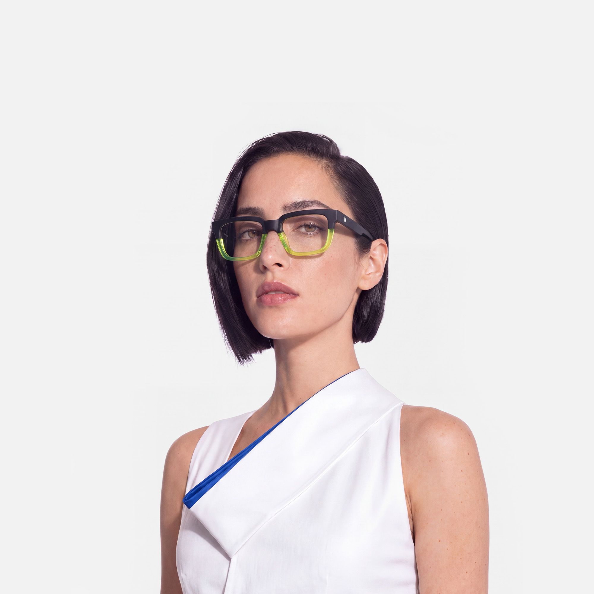 Strobe - Neon Green Matte Black Rectangle Glasses by Vooglam - Side View On Model