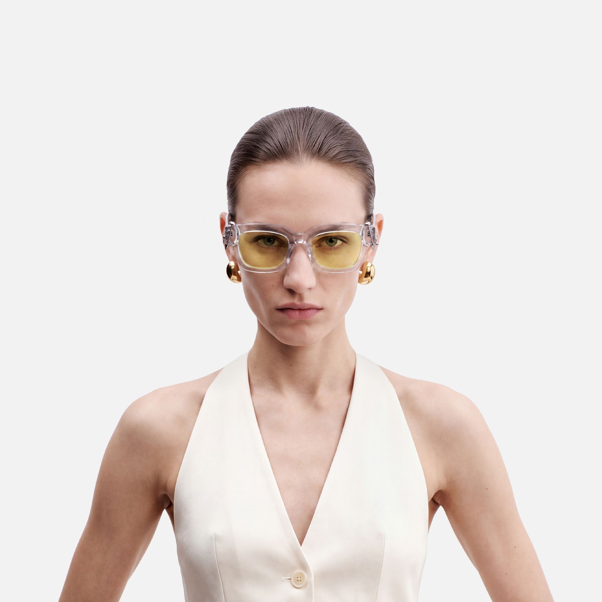 Sabrina - Clear Pierced Yellow Tint Sunglasses by Vooglam - On Model