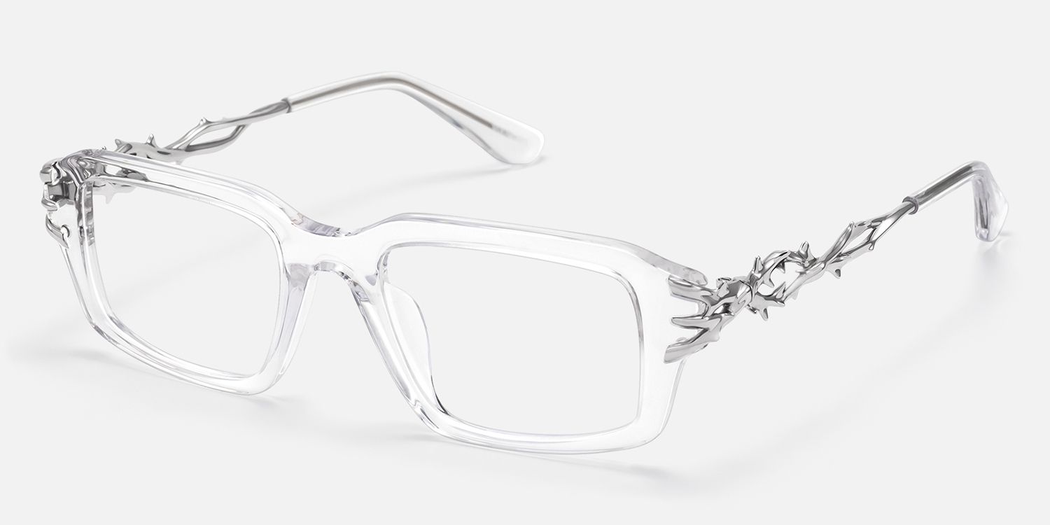 Vorpal - Clear Thorn Rectangle Silver Glasses by Vooglam - Front View
