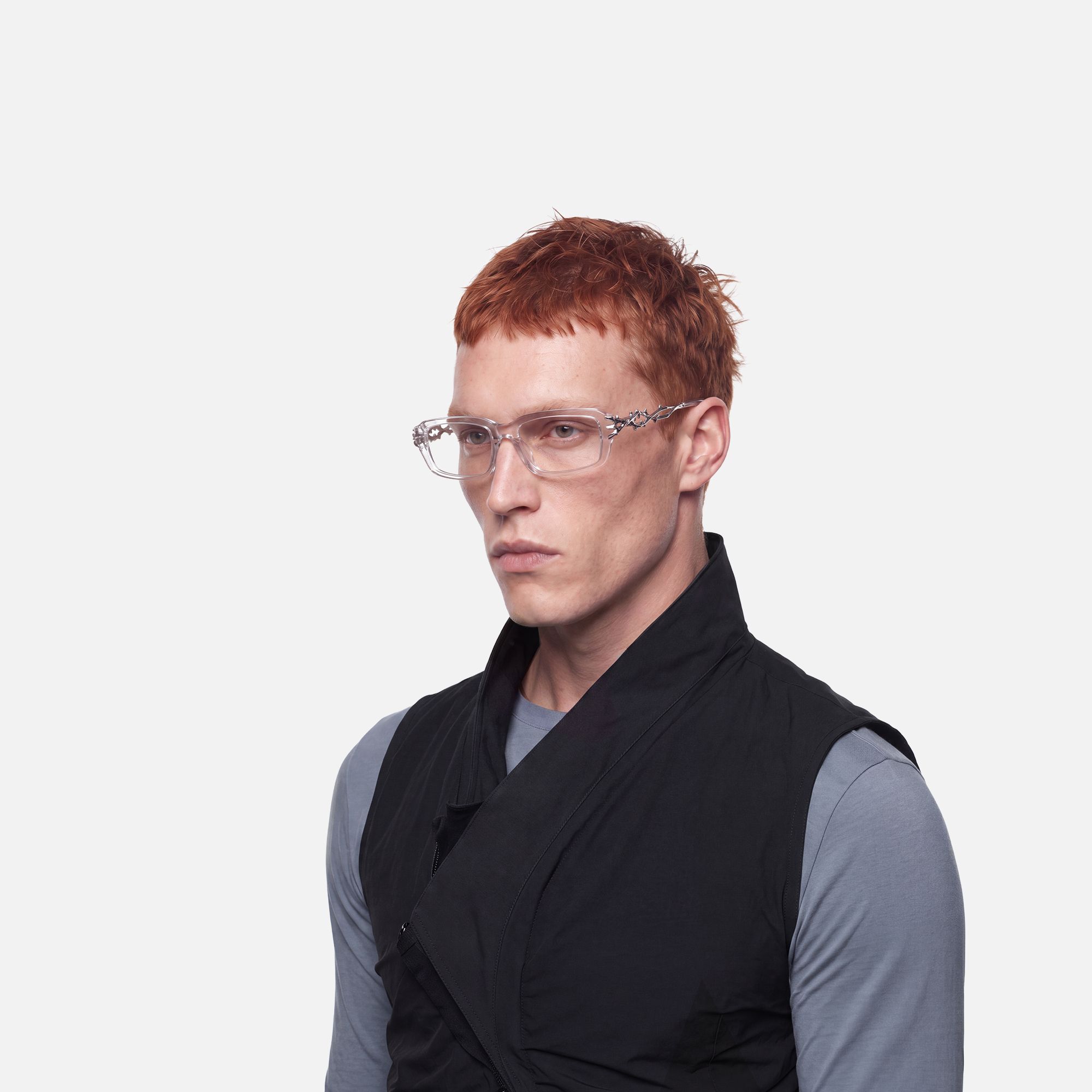 Vorpal - Clear Thorn Rectangle Silver Glasses by Vooglam - Model Side Profile