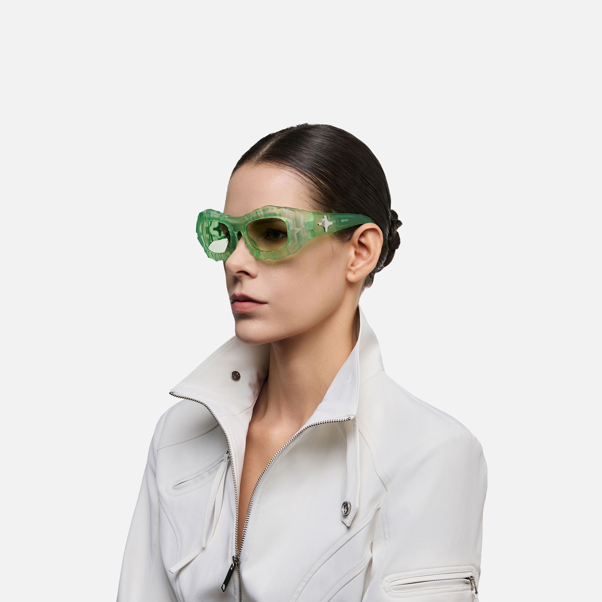 The Geologist - Green Tint Transparent Sunglasses by Vooglam - Side View On Model