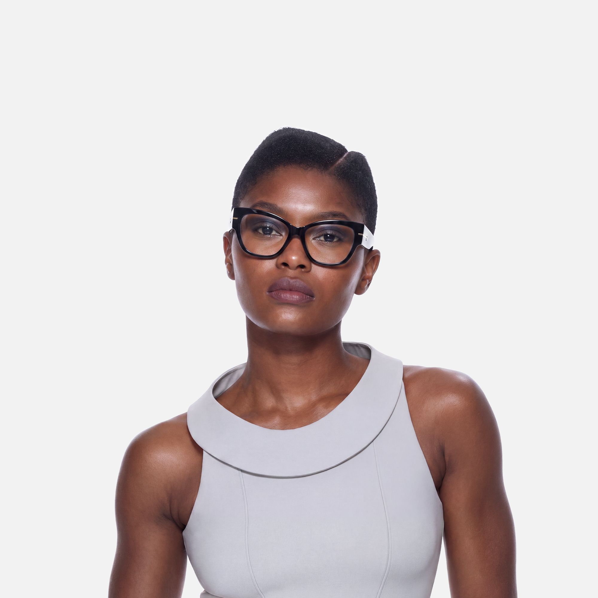 Elektra - Elegant Black & Gold Cat Eye Glasses by Vooglam - On Model