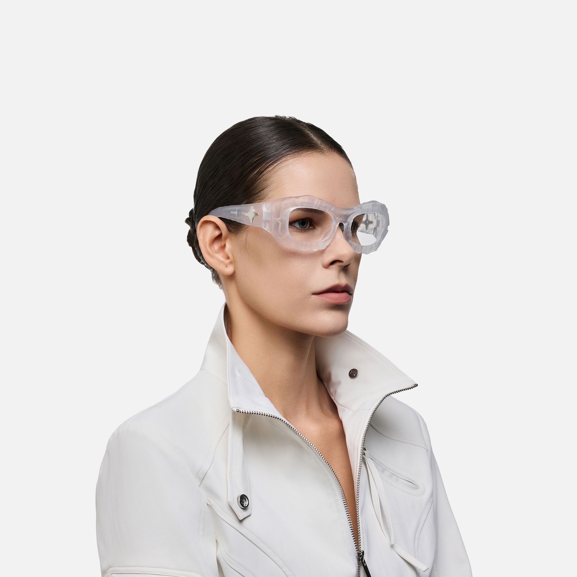 The Geologist - Clear Transparent Marble Glasses by Vooglam - Side View On Model