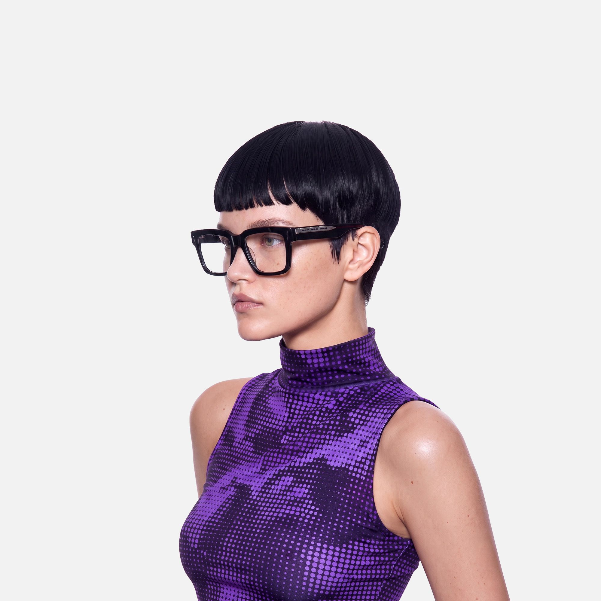 Razor - Thick Acetate Black Glasses by Vooglam - Side View On Model
