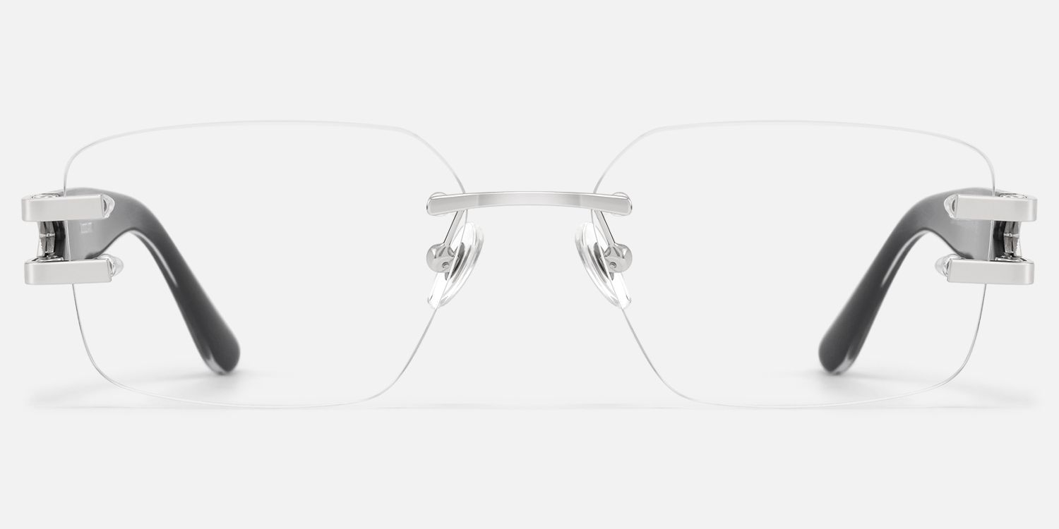Aurum - Black Silver Rimless Rectangle Glasses by Vooglam - Angle View