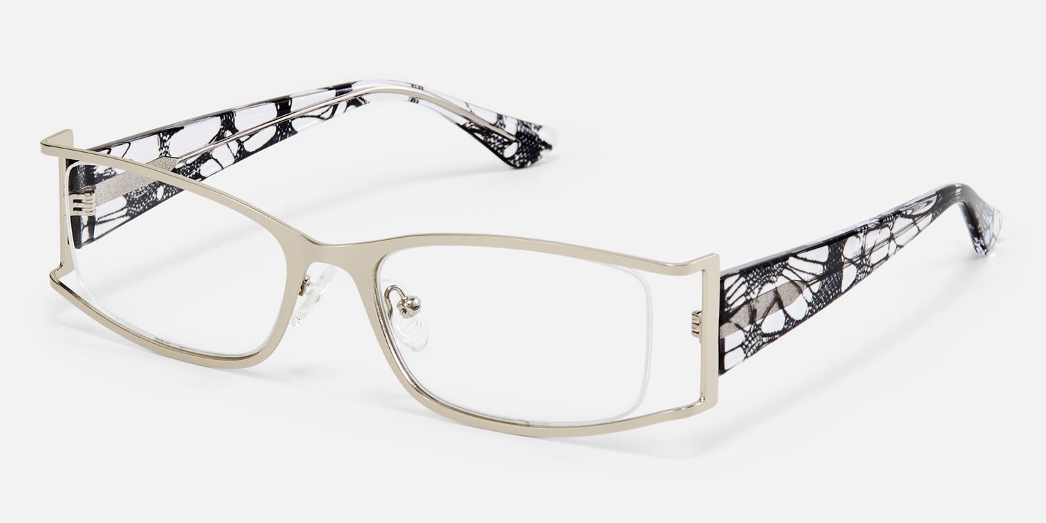 Elle - Silver Metal Narrow Rectangle Hollow Glasses by Vooglam - Front View