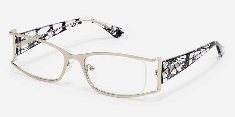 Elle - Silver Metal Narrow Rectangle Hollow Glasses by Vooglam