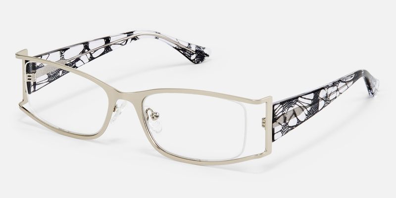 Elle - Silver Metal Narrow Rectangle Hollow Glasses by Vooglam