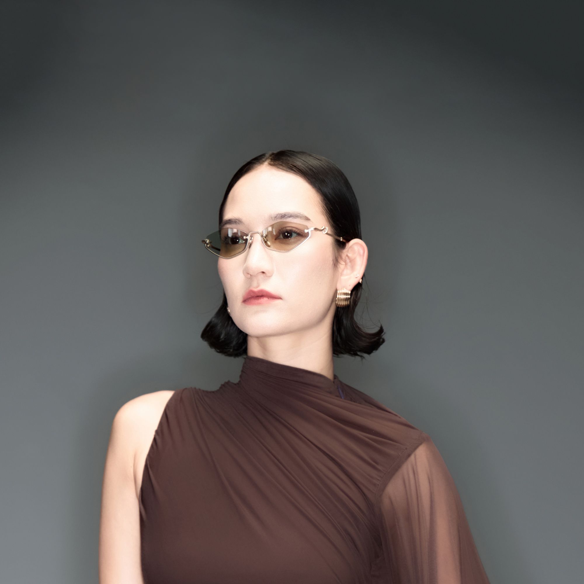 Niseko - Rose Gold Octagon Brown Tinted Sunglasses by Vooglam - On Model