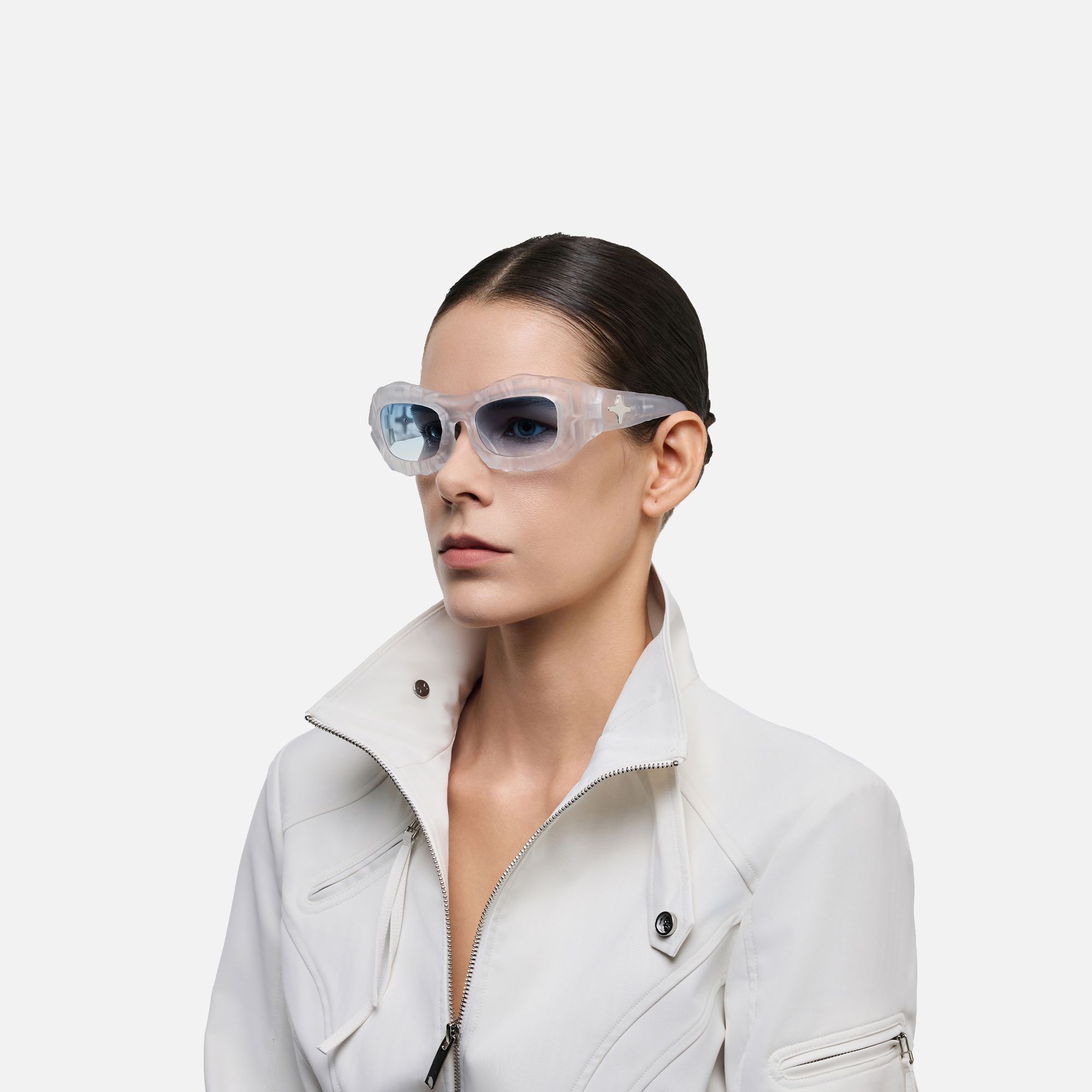 The Geologist - Blue Gradient Marble Sunglasses by Vooglam - Side View On Model