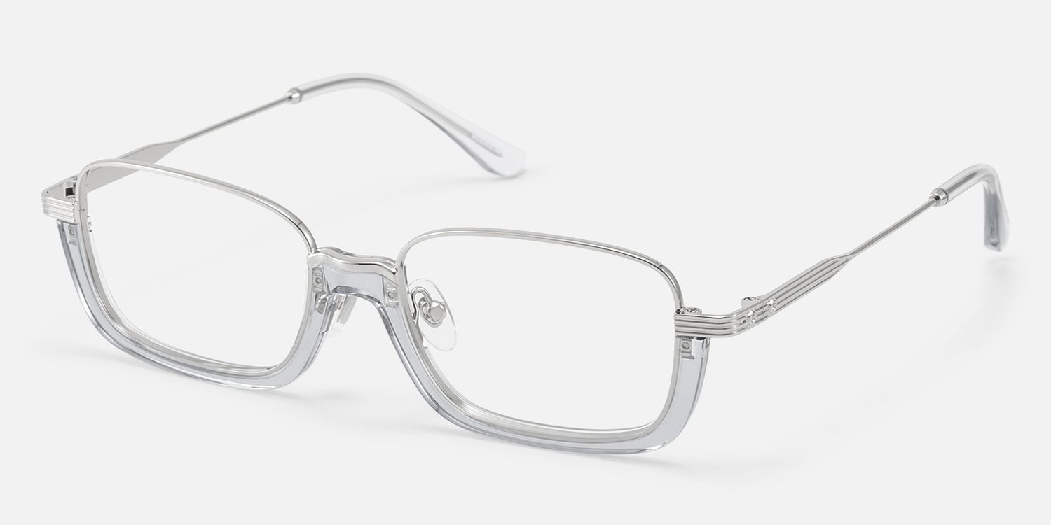 Basel - Translucent Gray Silver Rectangle Glasses by Vooglam - Front View
