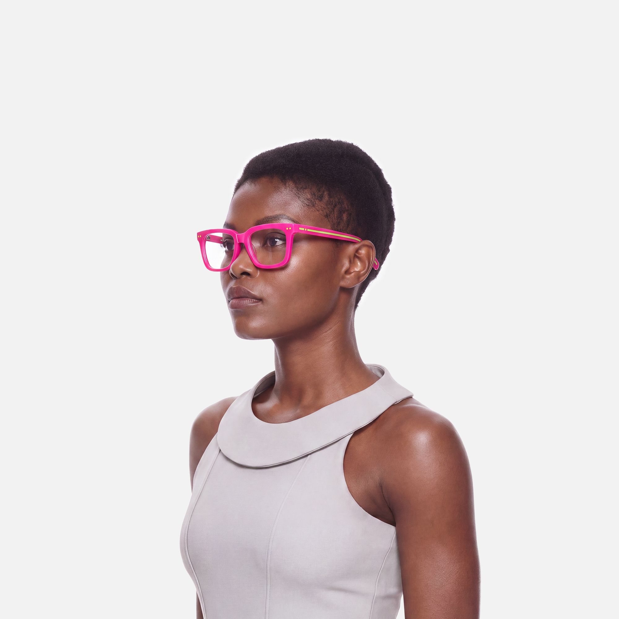 Remix - Chic Rectangle Pink Eyeglasses by Vooglam - Side View On Model