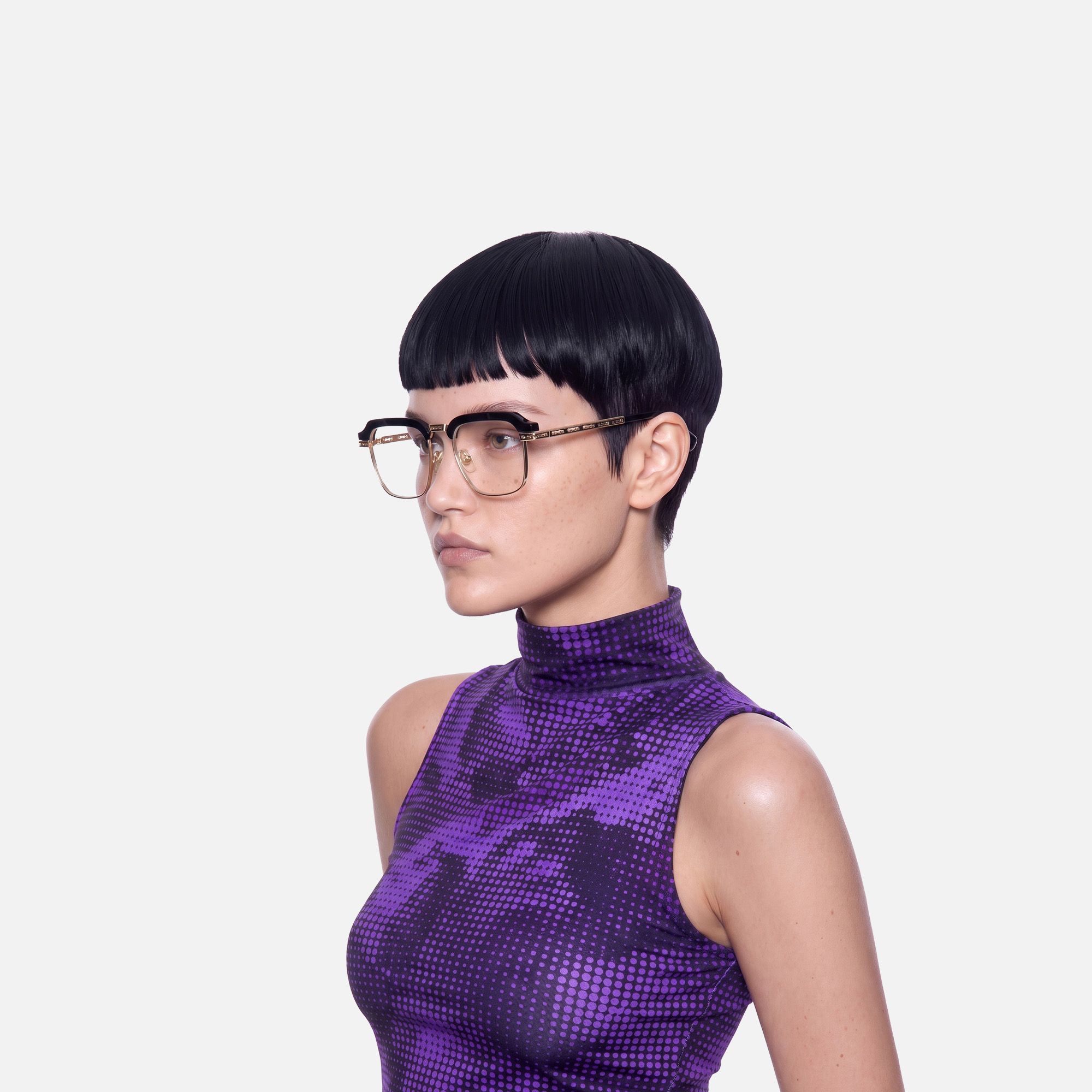 Archive - Black & Gold Razor Blade Glasses by Vooglam - Side View On Model