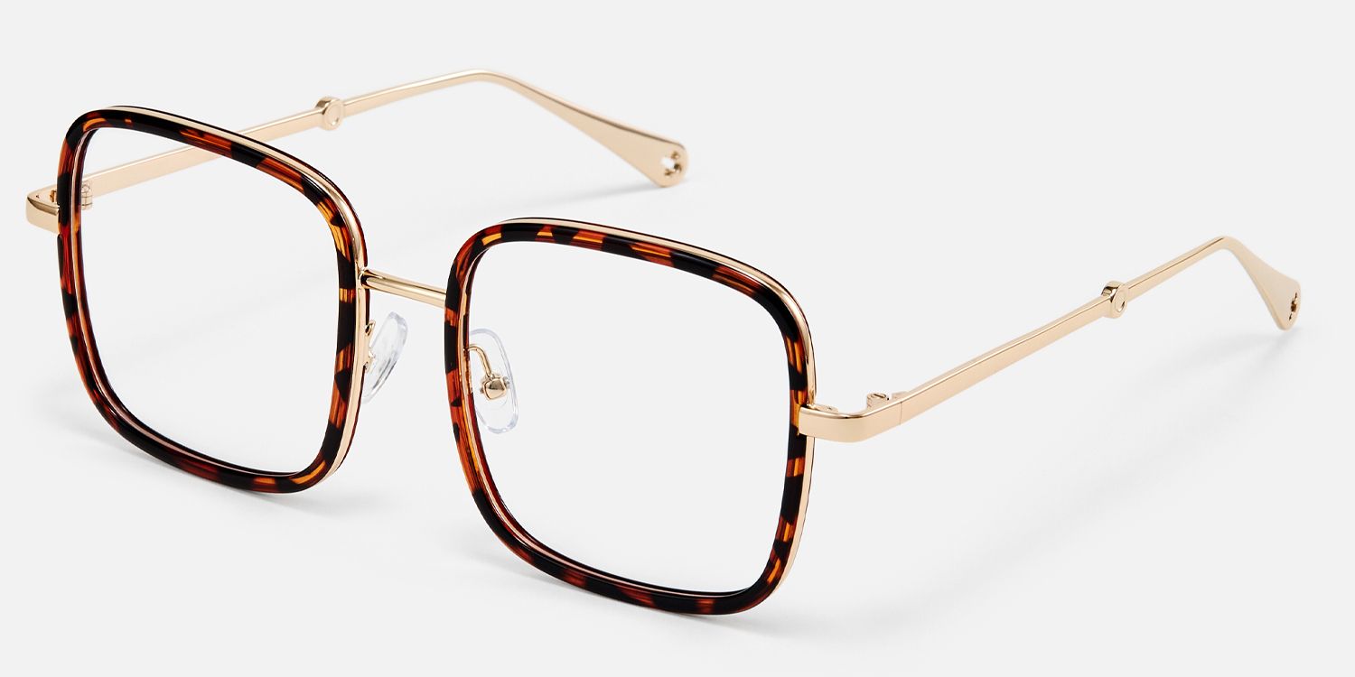 Jace - Oversized Square Tortoise and Gold Glasses by Vooglam - Front View