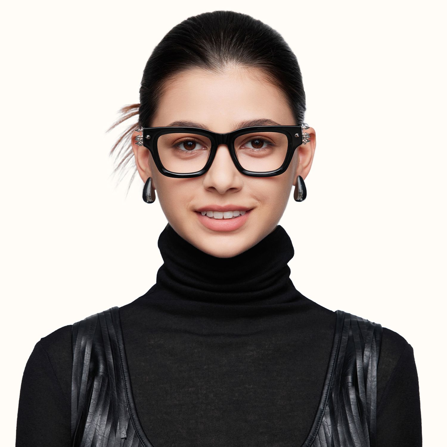 Stud-Gothic Punk Rock Stud Black Acetate Glasses by Vooglam - On Model