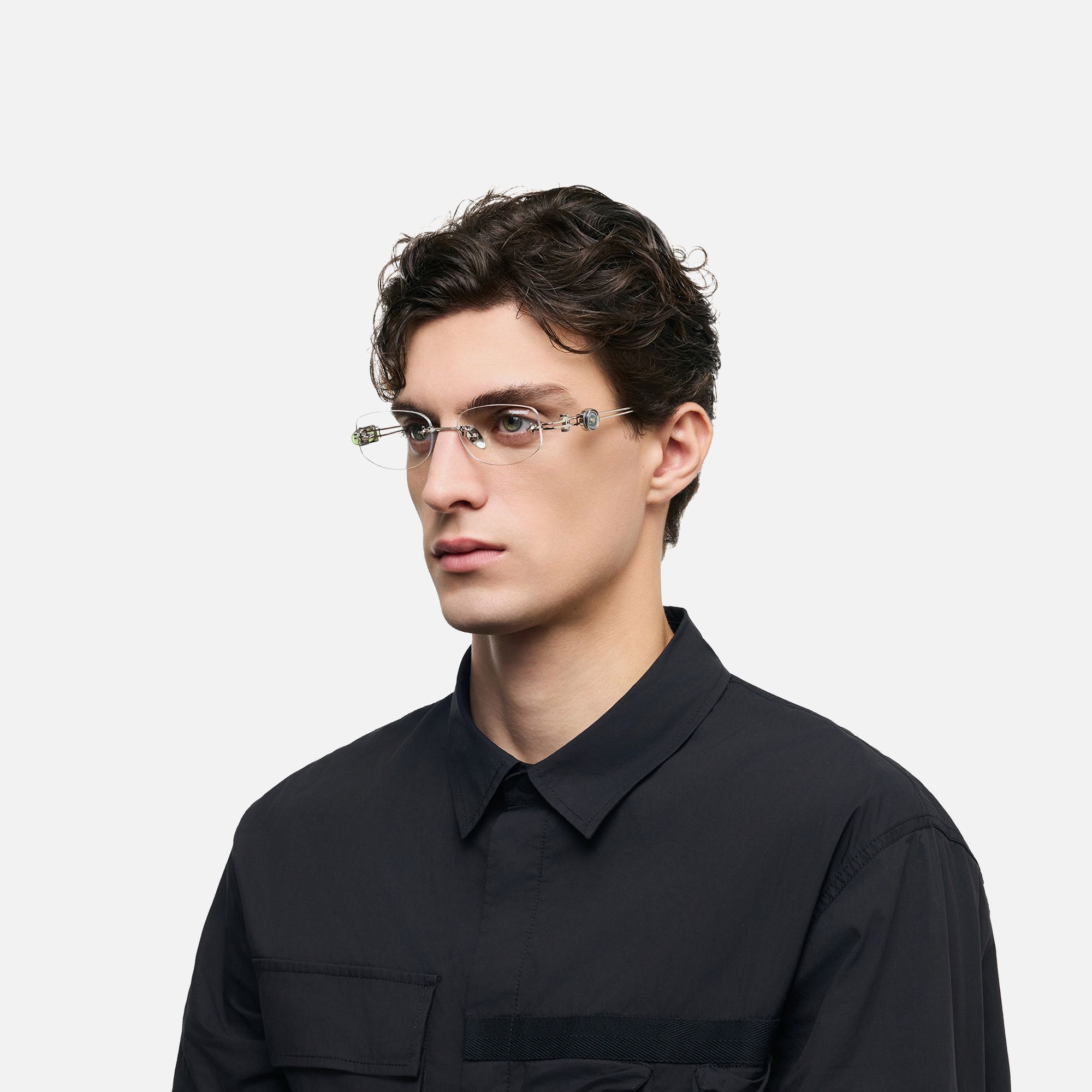 The Utilitarian - Silver Rimless Compass Glasses by Vooglam - Model Side Profile