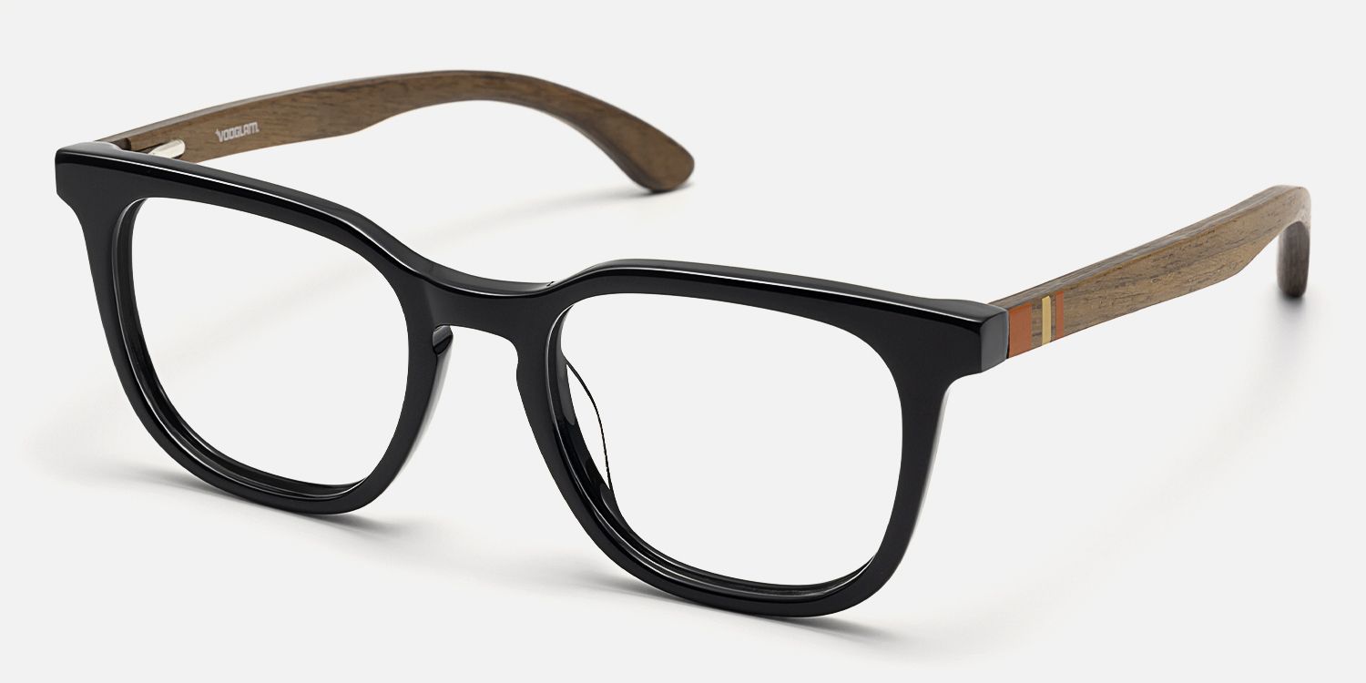 Lote - Square Black Glasses with Cool Wood Arm by Vooglam - Front View