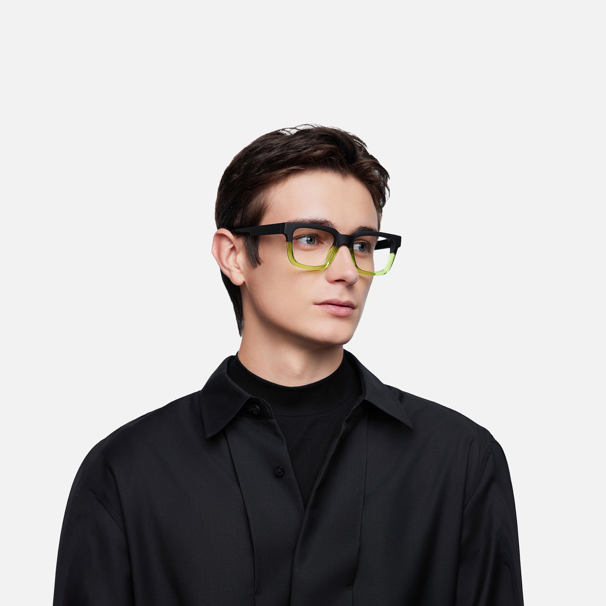 Strobe - Neon Green Matte Black Rectangle Glasses by Vooglam - Model Side Profile