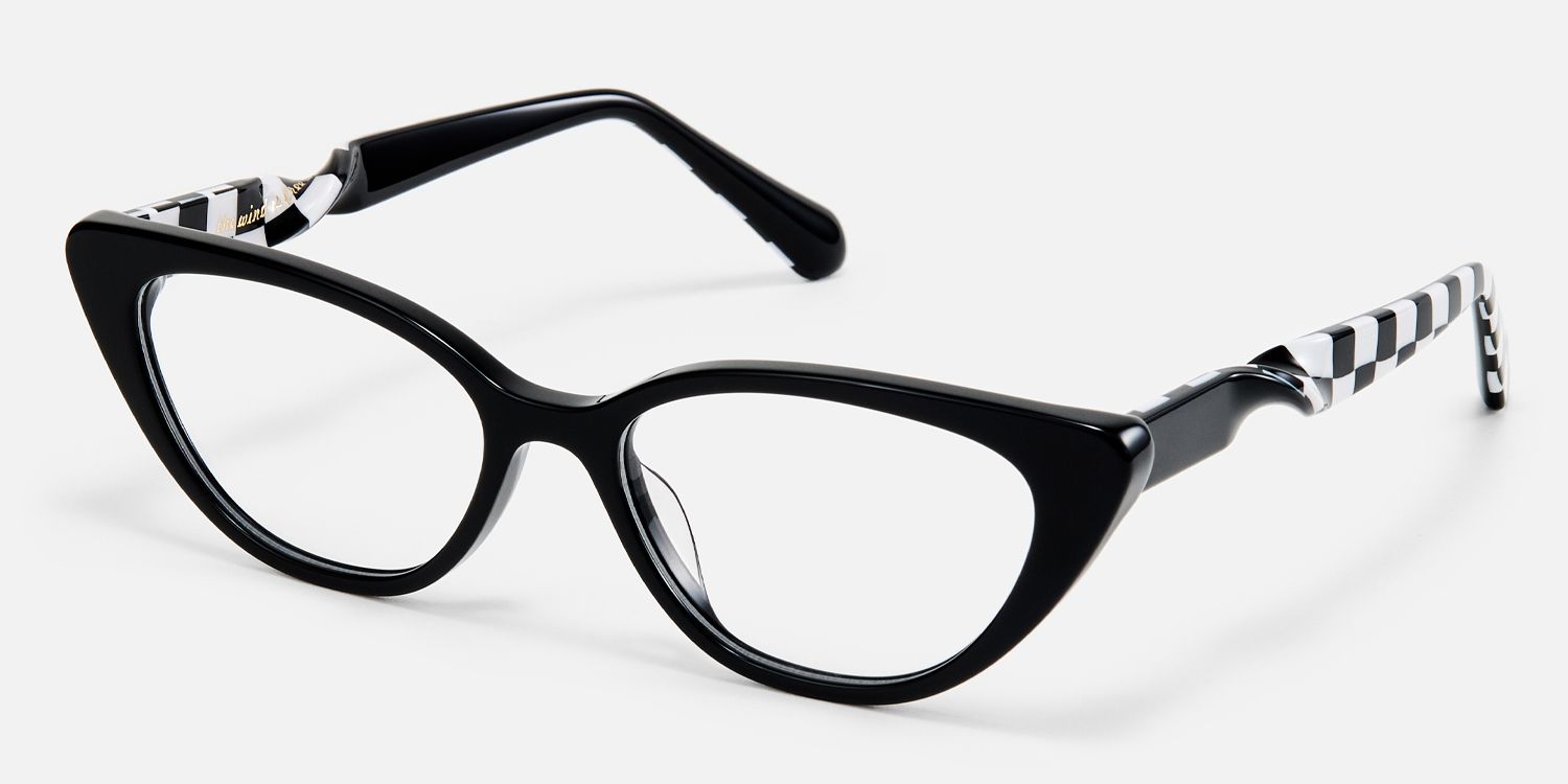 Harena - Narrow Black Cateye Checkered Glasses by Vooglam - Front View