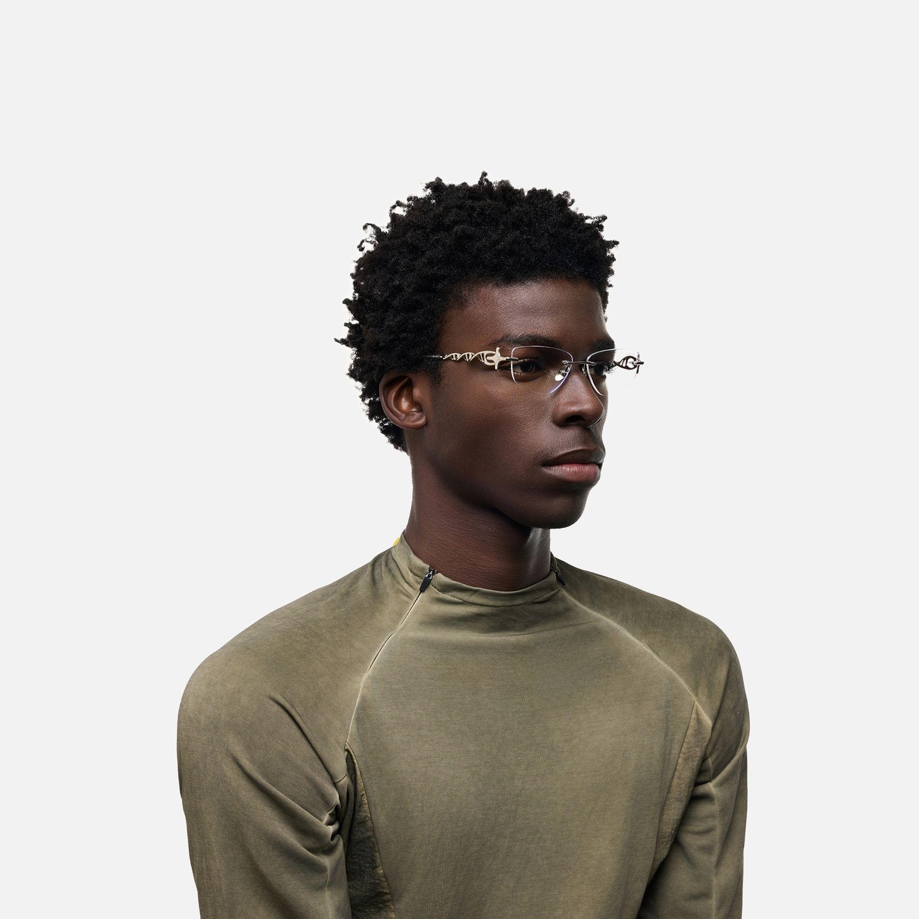 The Decoder - Silver Rimless DNA Glasses by Vooglam - Model Side Profile