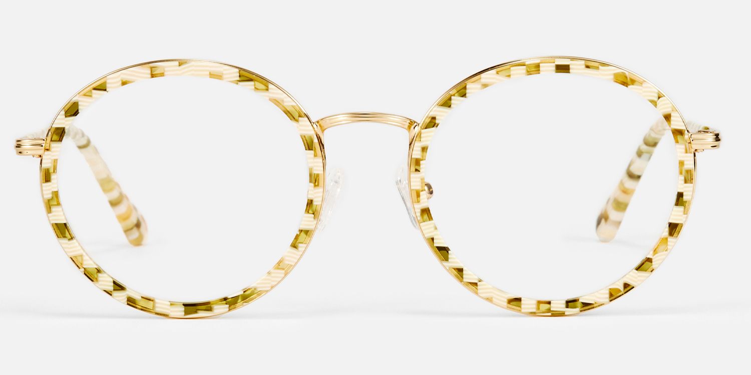 Alma - Yellow Checkered Retro Round Glasses by Vooglam - Angle View