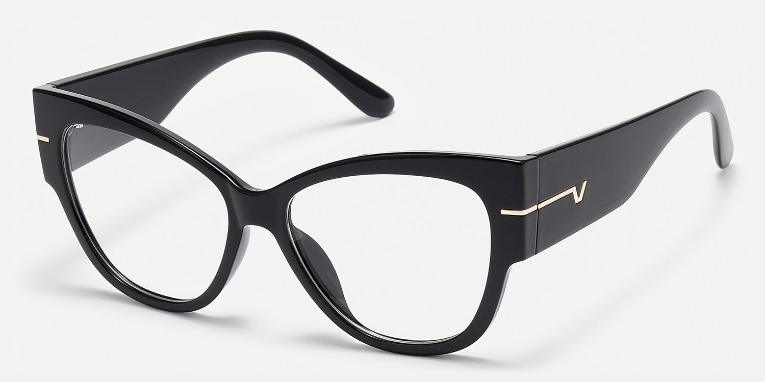 Elektra - Elegant Black & Gold Cat Eye Glasses by Vooglam - Front View