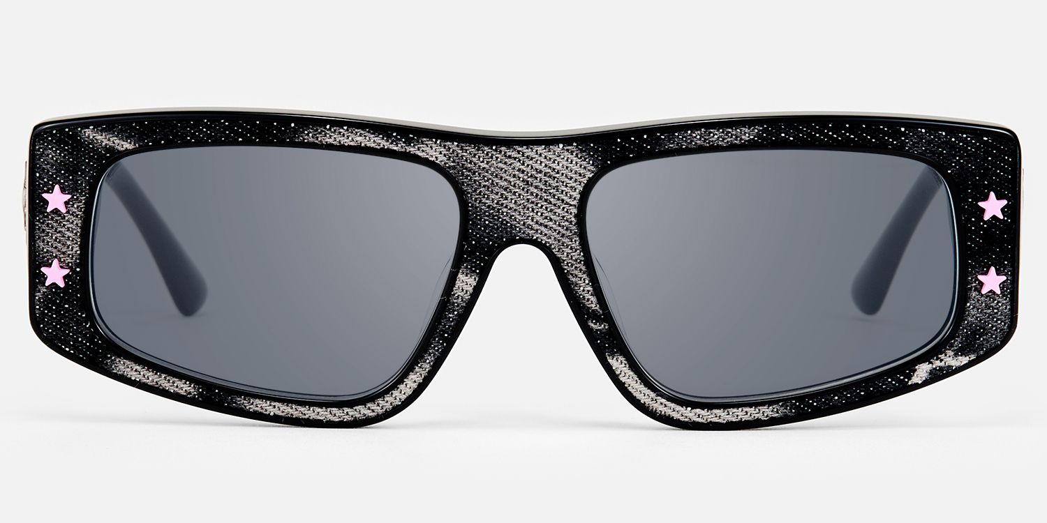 Maeva - Y2K Denim Rectangle Pink Star Sunglasses by Vooglam - Angle View