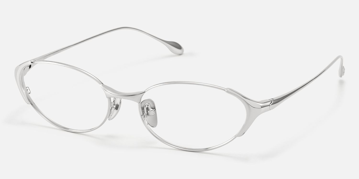 Ebisu - Thin Rimmed Silver Oval Minimalist Glasses by Vooglam - Front View