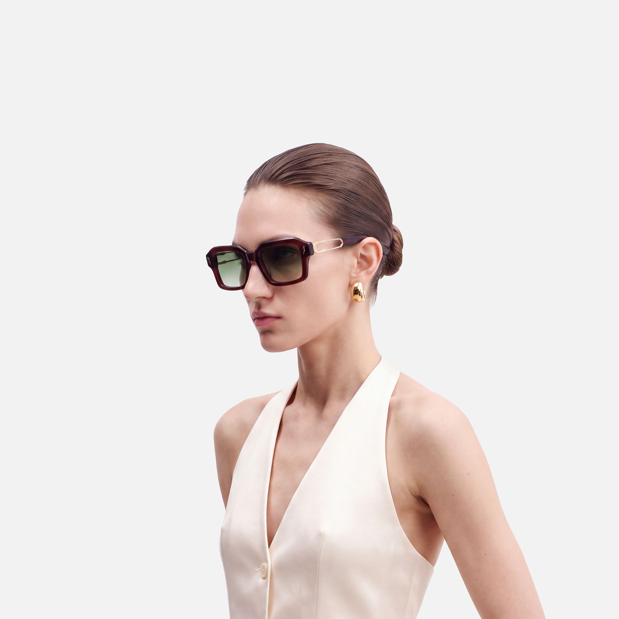 Blindspot - Green Tint Transparent Red Sunglasses by Vooglam - Side View On Model