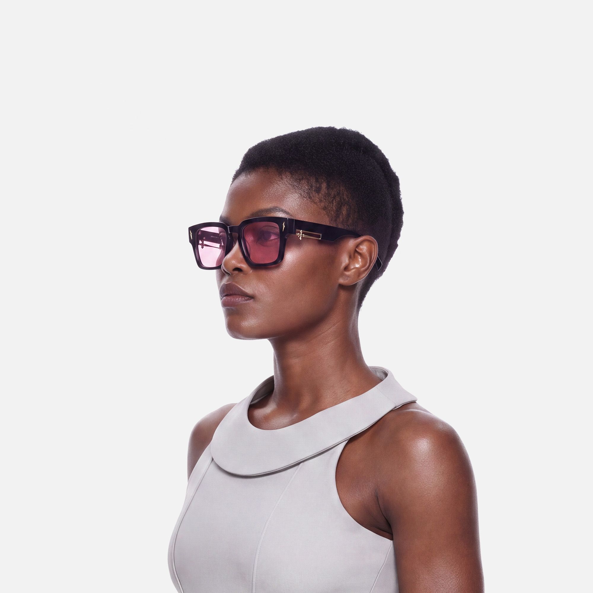 Stiletto - Pink Tinted Black Sword Sunglasses by Vooglam - Side View On Model
