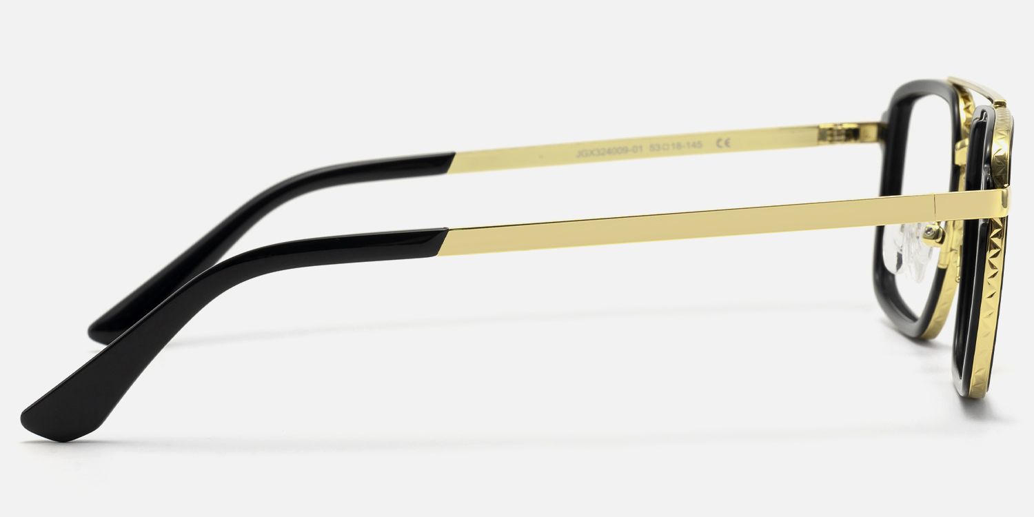 Navigator - Black & Gold Rectangle Aviator Glasses by Vooglam - Side View