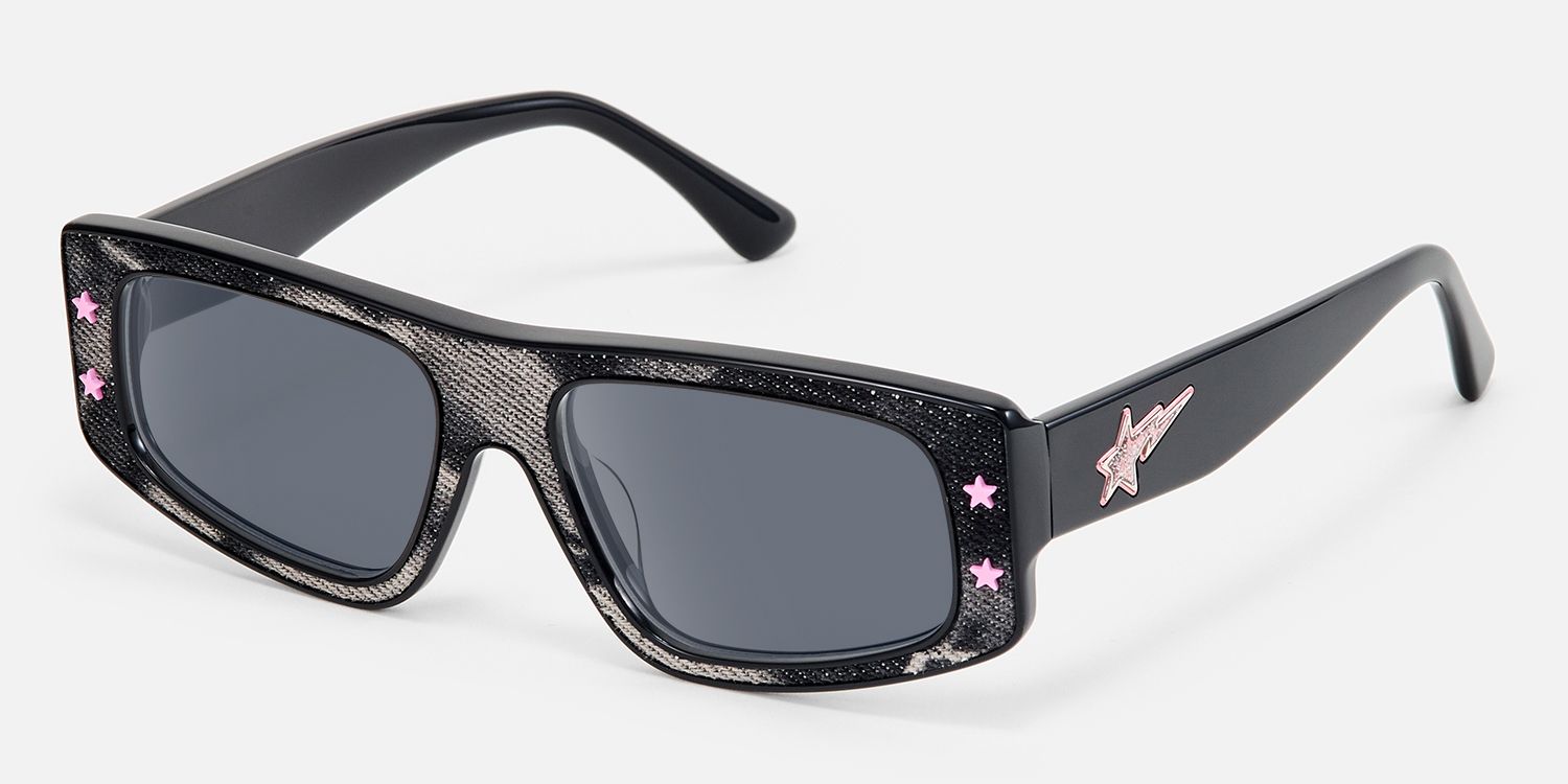 Maeva - Y2K Denim Rectangle Pink Star Sunglasses by Vooglam - Front View