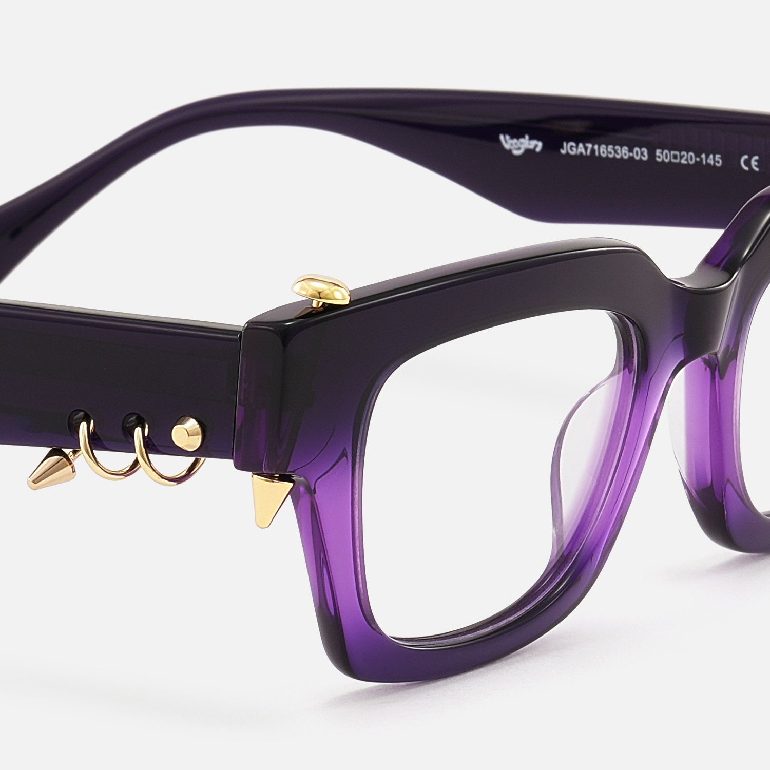 Sabrina - Clear Purple Rectangle Glasses with Spikes by Vooglam - Design Details