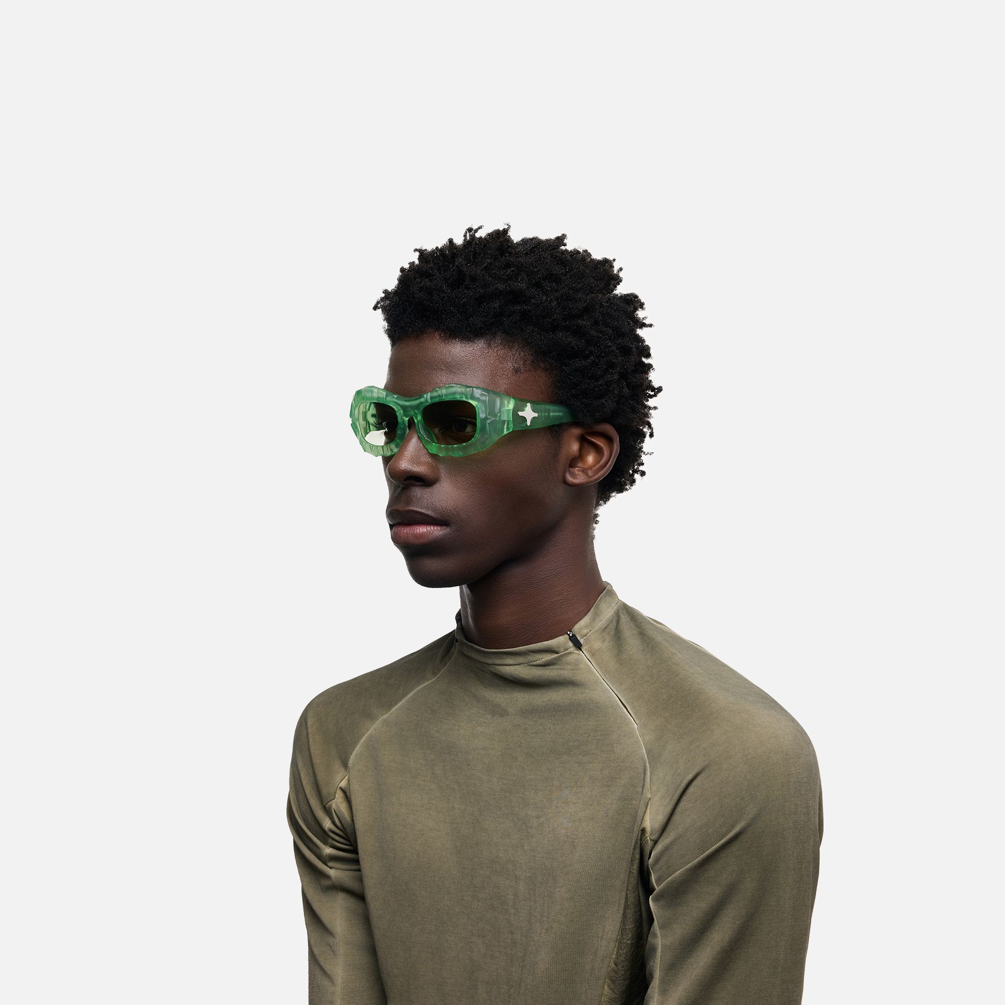The Geologist - Green Tint Transparent Sunglasses by Vooglam - Model Side Profile