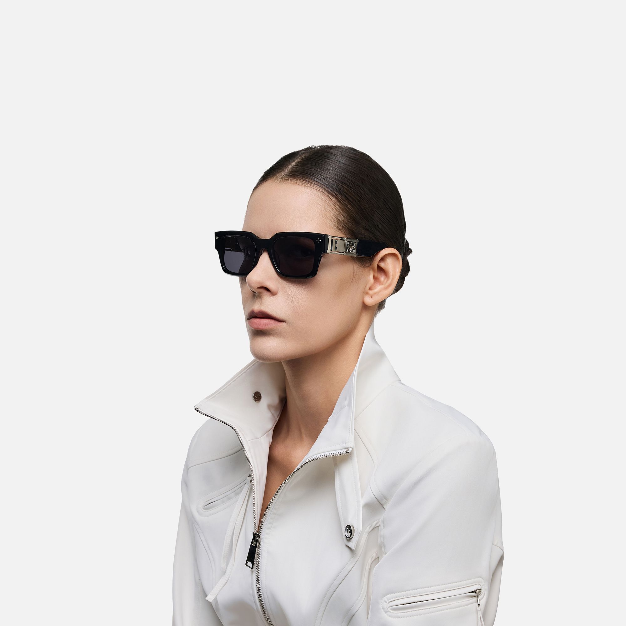The Programmer - Bold Black USB Sunglasses by Vooglam - Side View On Model