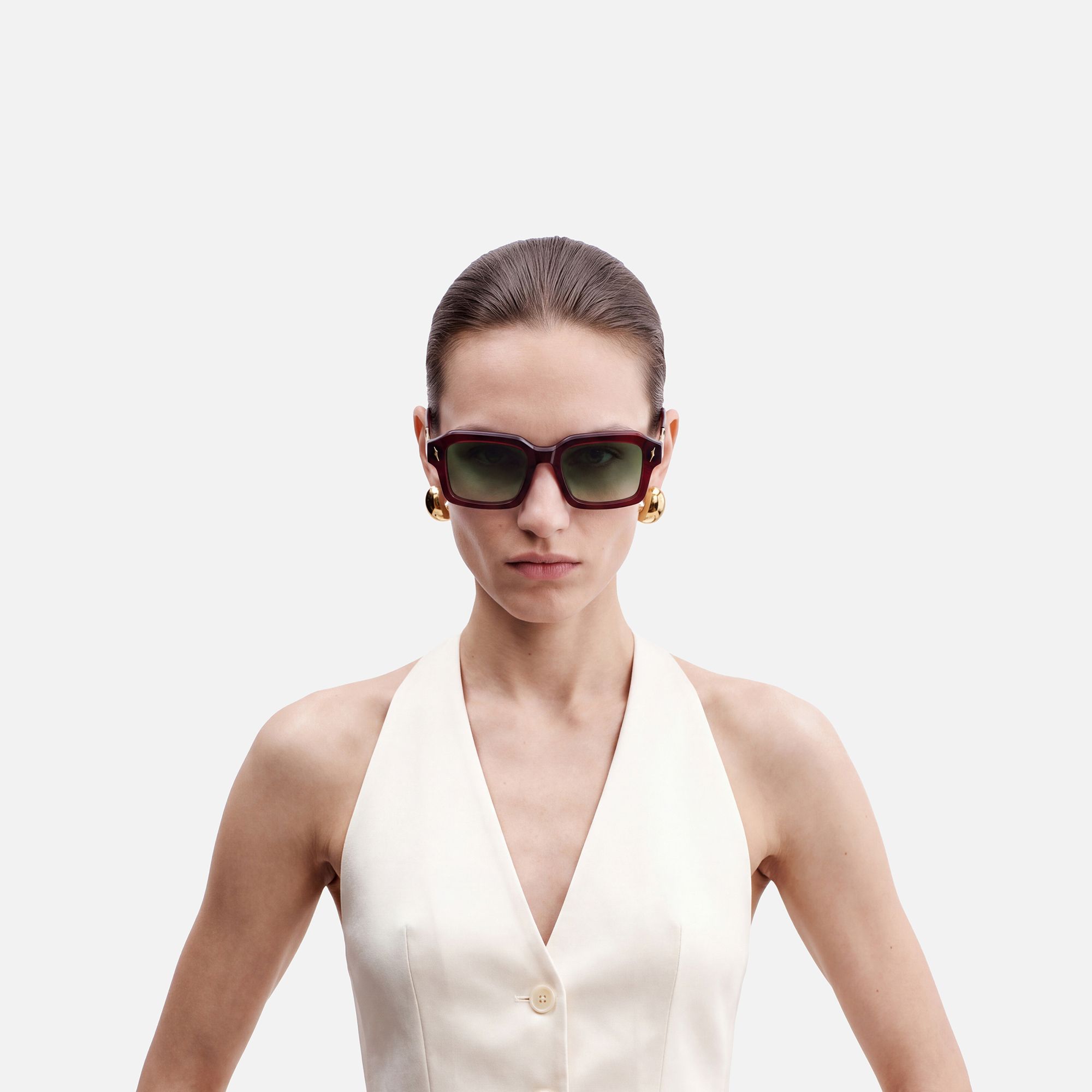 Blindspot - Green Tint Transparent Red Sunglasses by Vooglam - On Model