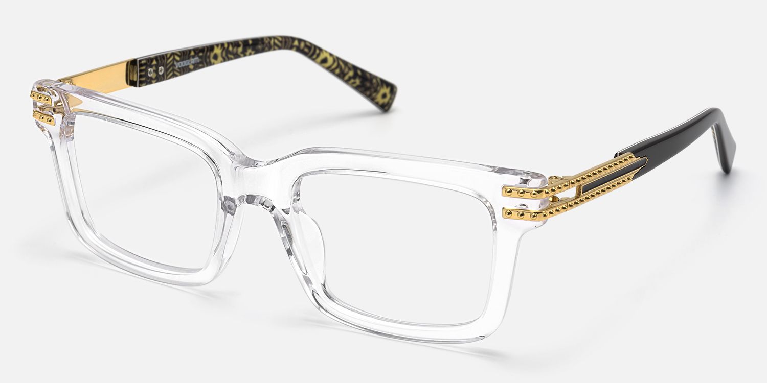 Anansi - Clear Square Glasses with Gold Details by Vooglam - Front View