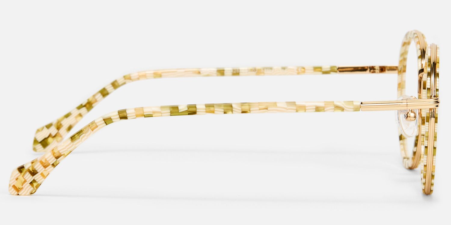 Alma - Yellow Checkered Retro Round Glasses by Vooglam - Side View