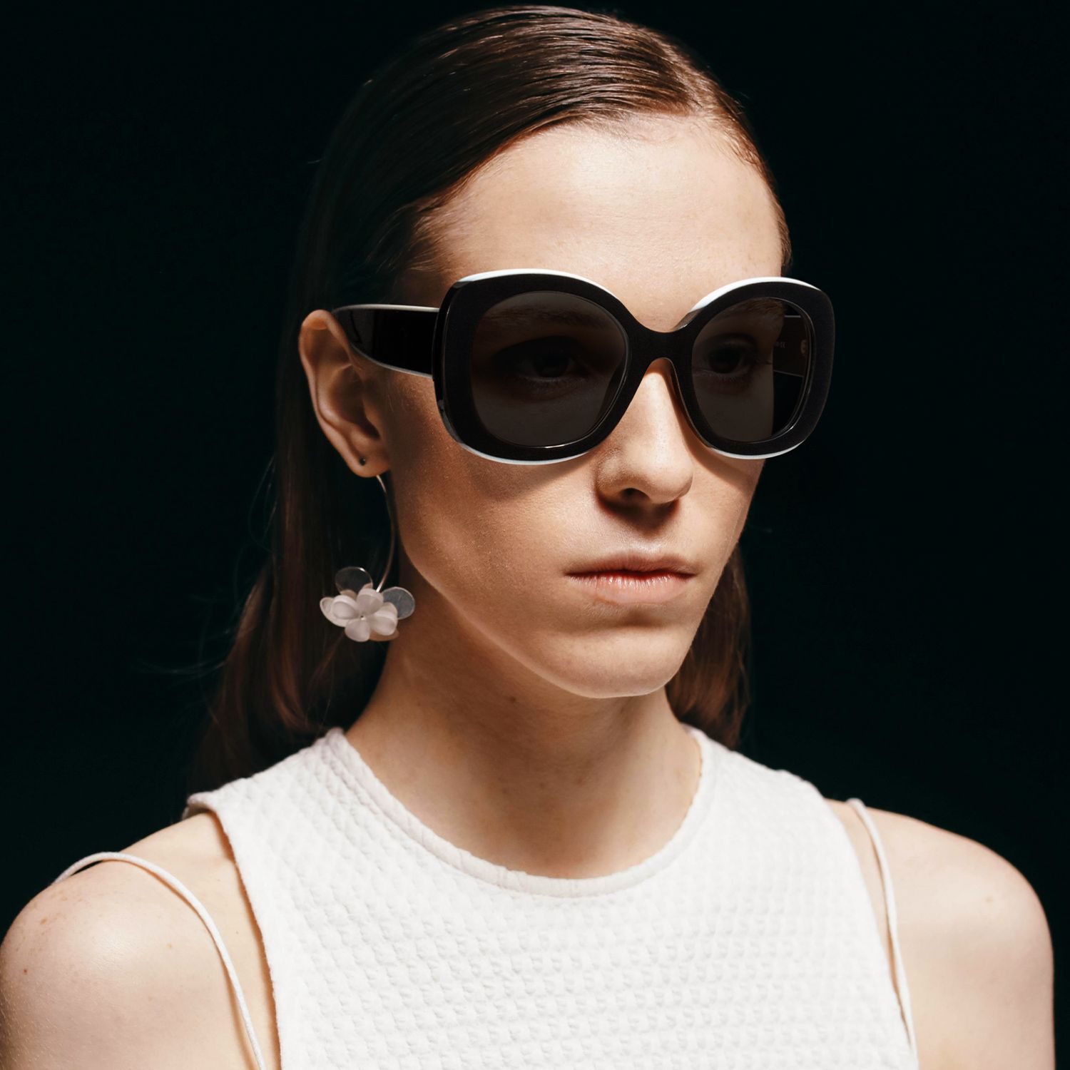 Athina - Large Black White Round Brown Lens Shades by Vooglam - On Model