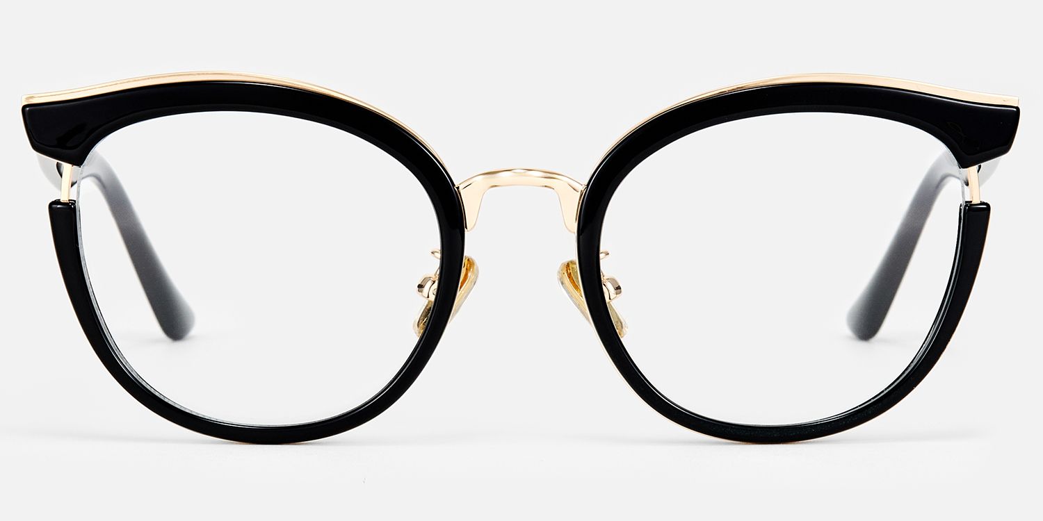 Retro-Black and Gold Rounded Metal Cateye Glasses by Vooglam - Front View