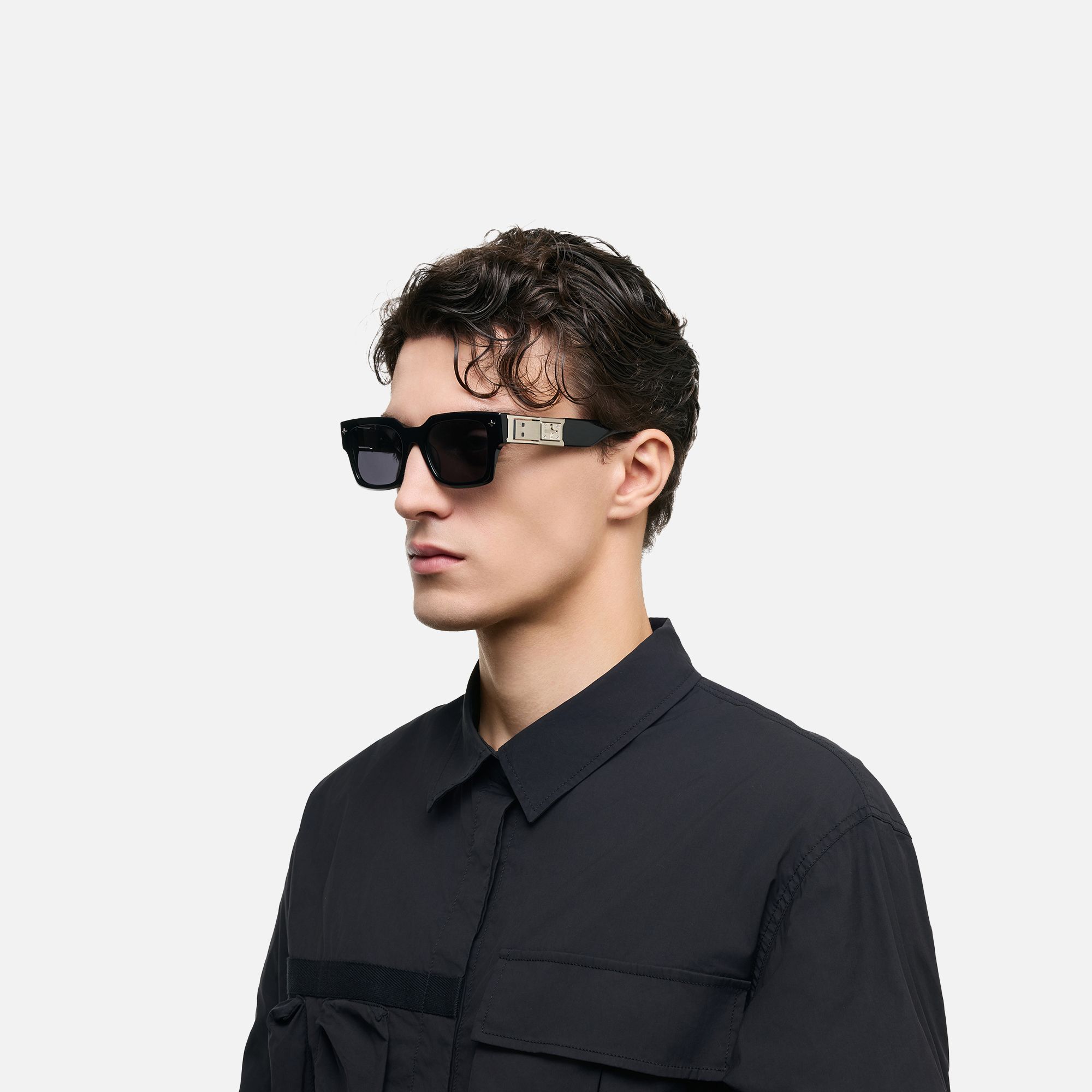 The Programmer - Bold Black USB Sunglasses by Vooglam - Model Side Profile