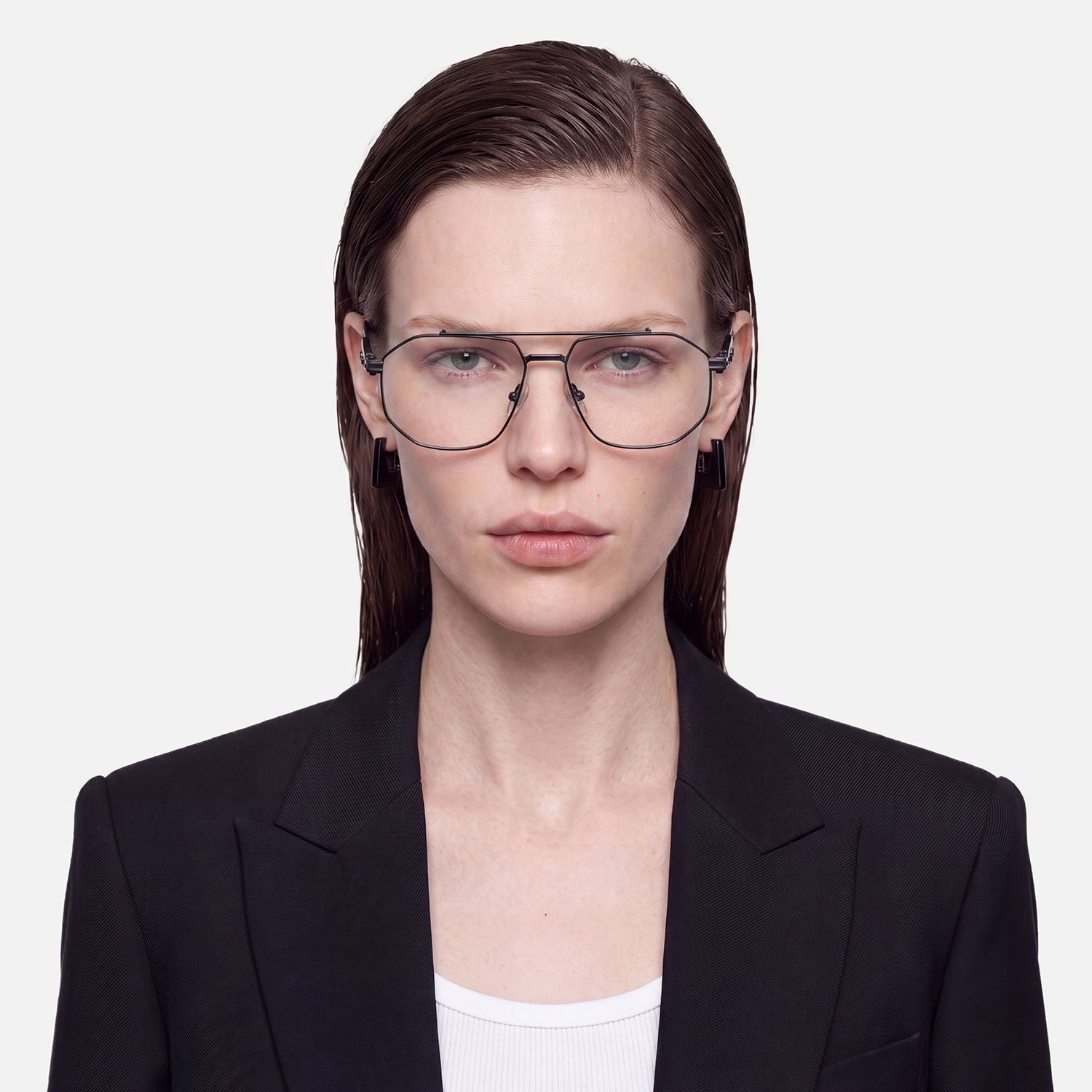 Ando - Matte Black Geometric Metal Glasses by Vooglam - On Model