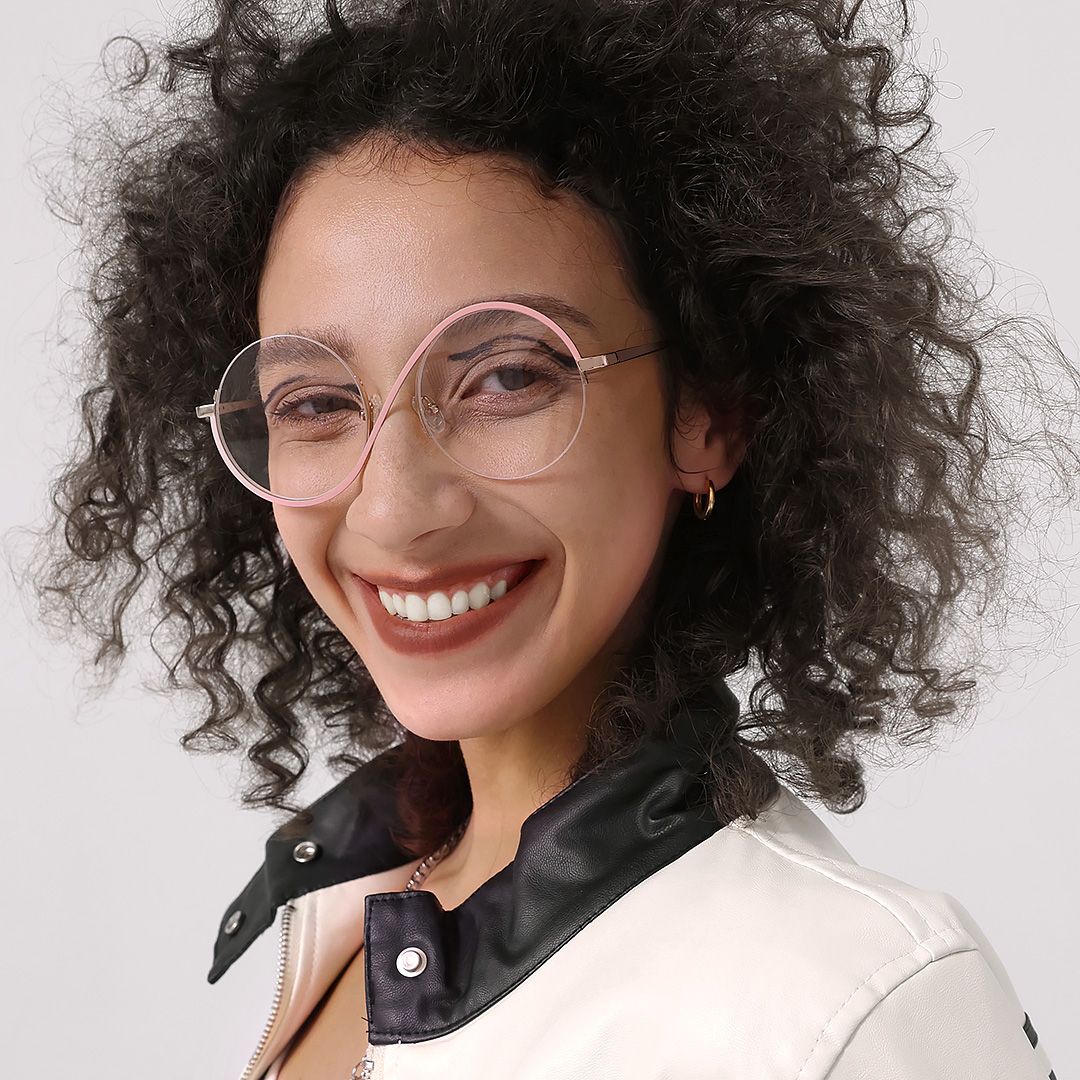 Manley - Delicate Round Pink Semi-Rim Glasses by Vooglam - On Model