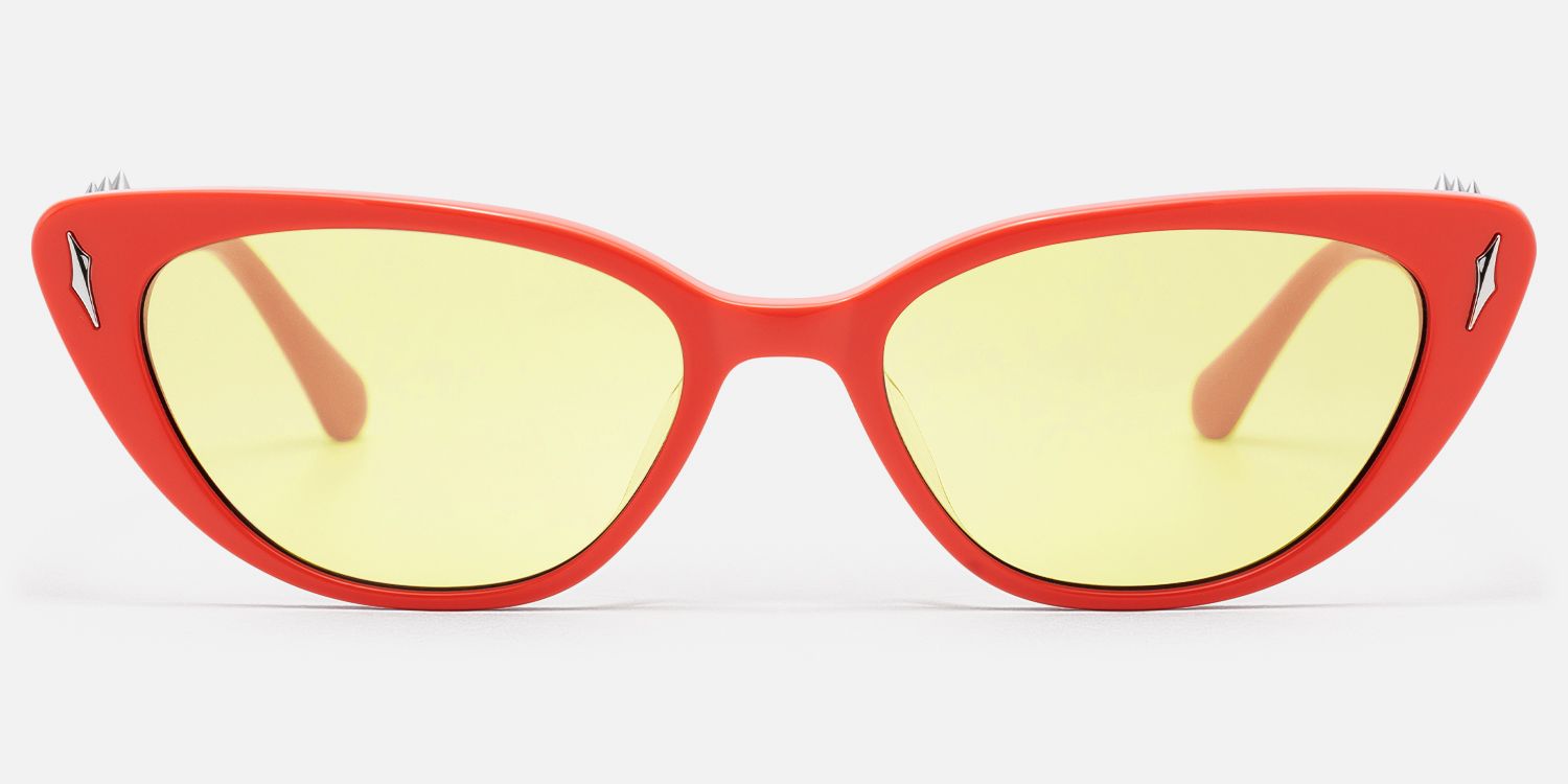 As If - Red Cat Eye Yellow Tinted Glasses by Vooglam - Angle View