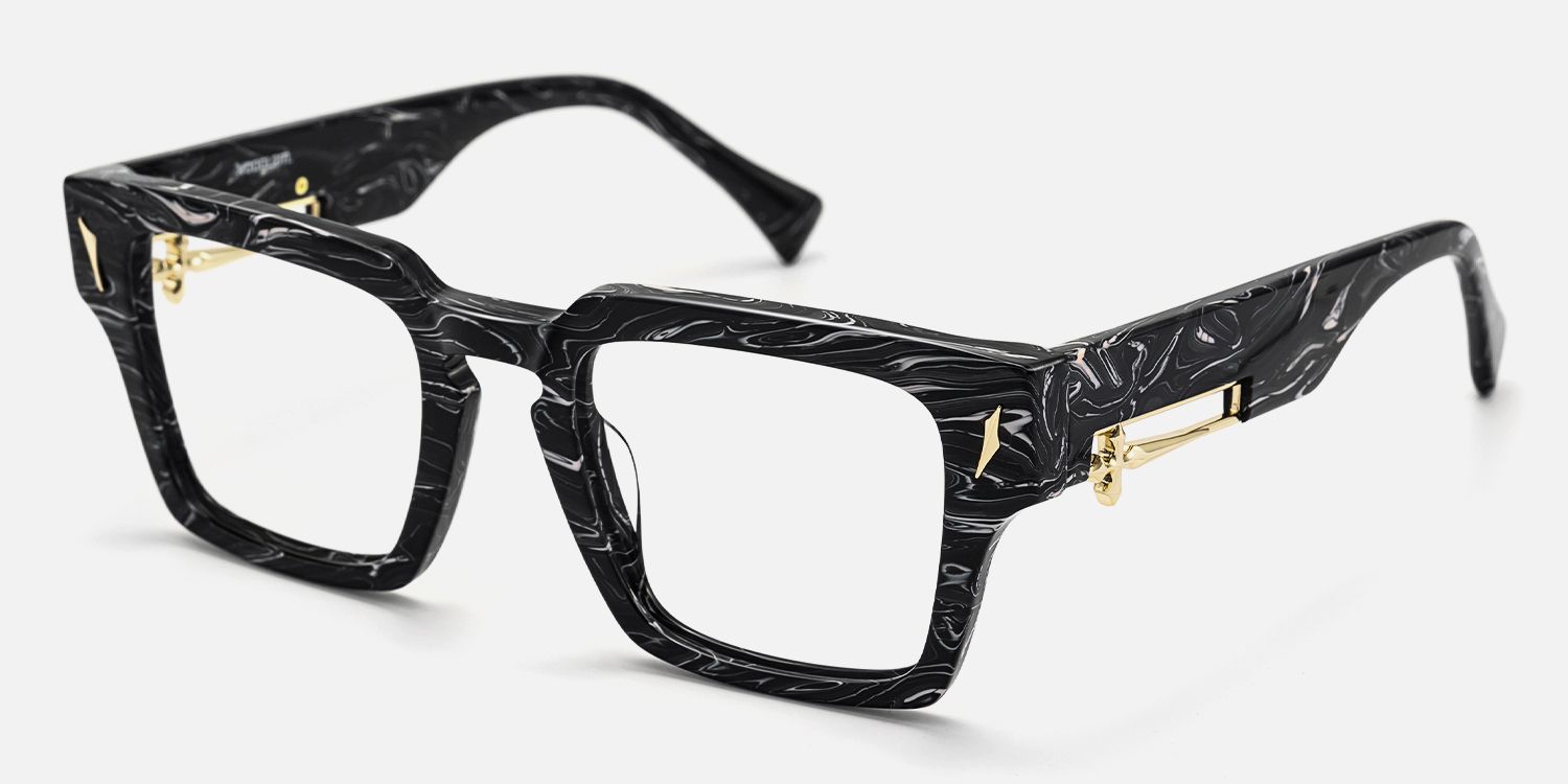 Stiletto - Black Marbled Glasses with Sword Deco by Vooglam - Front View