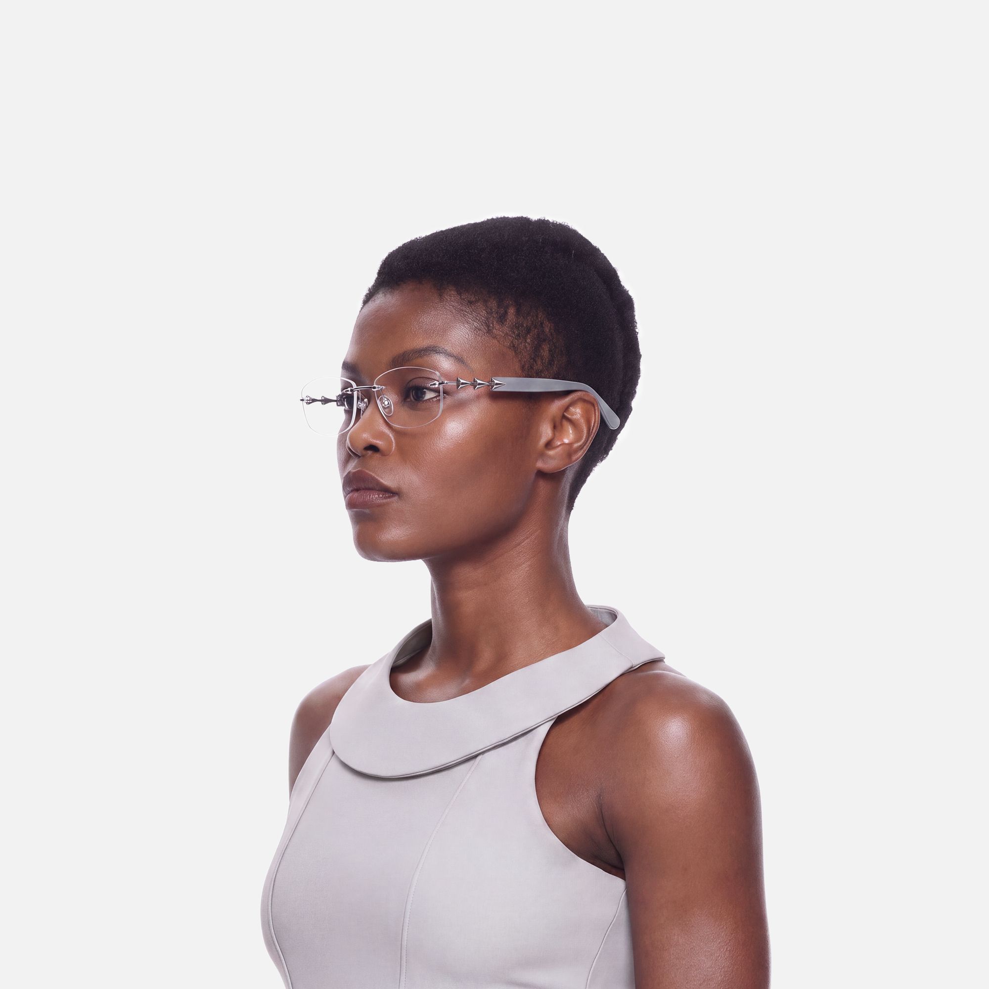 Fracture - Silver Grey Rimless Spike Glasses by Vooglam - Side View On Model
