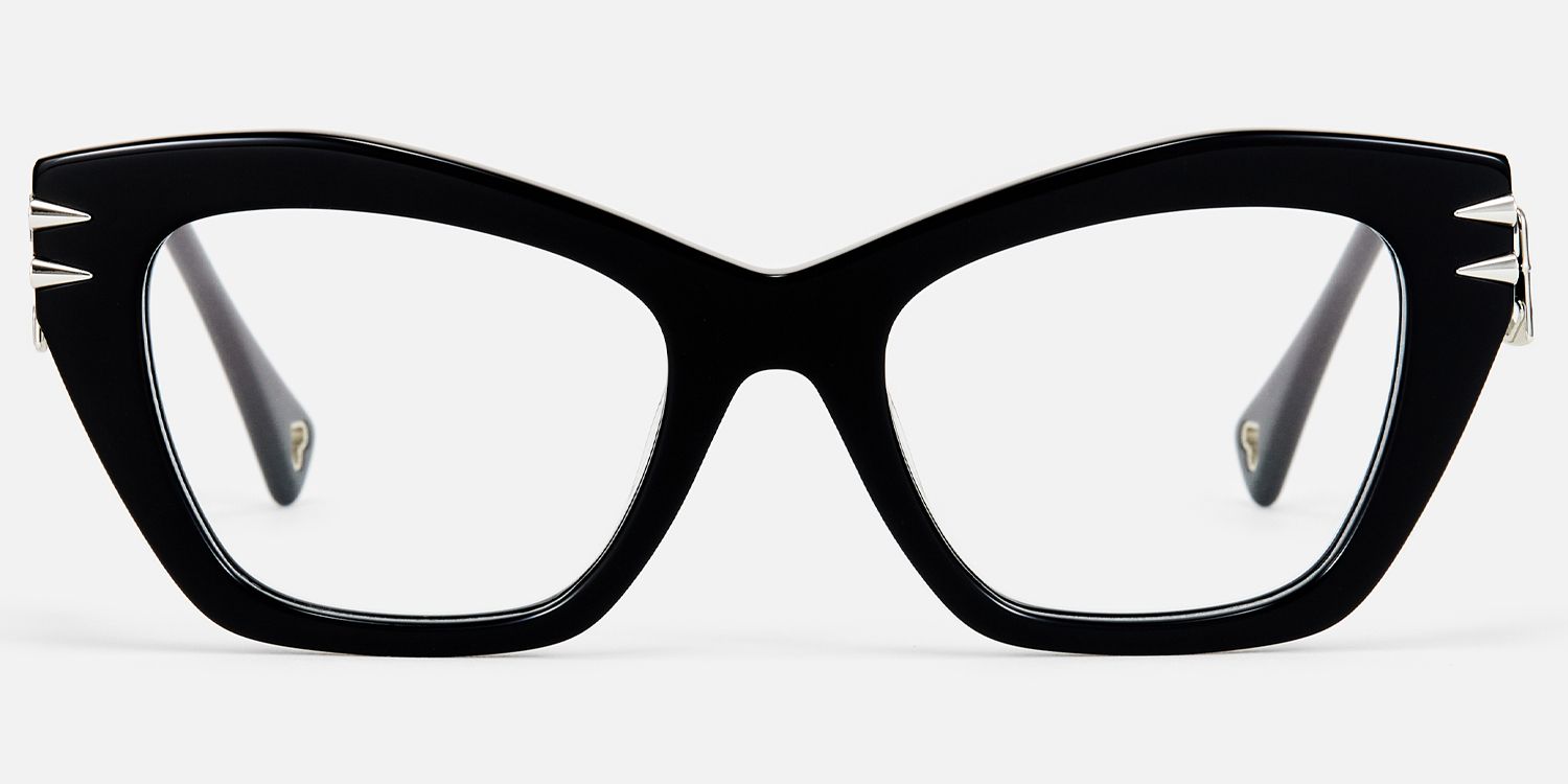 Manon - Zipper Chunky Black Cateye Glasses by Vooglam - Angle View