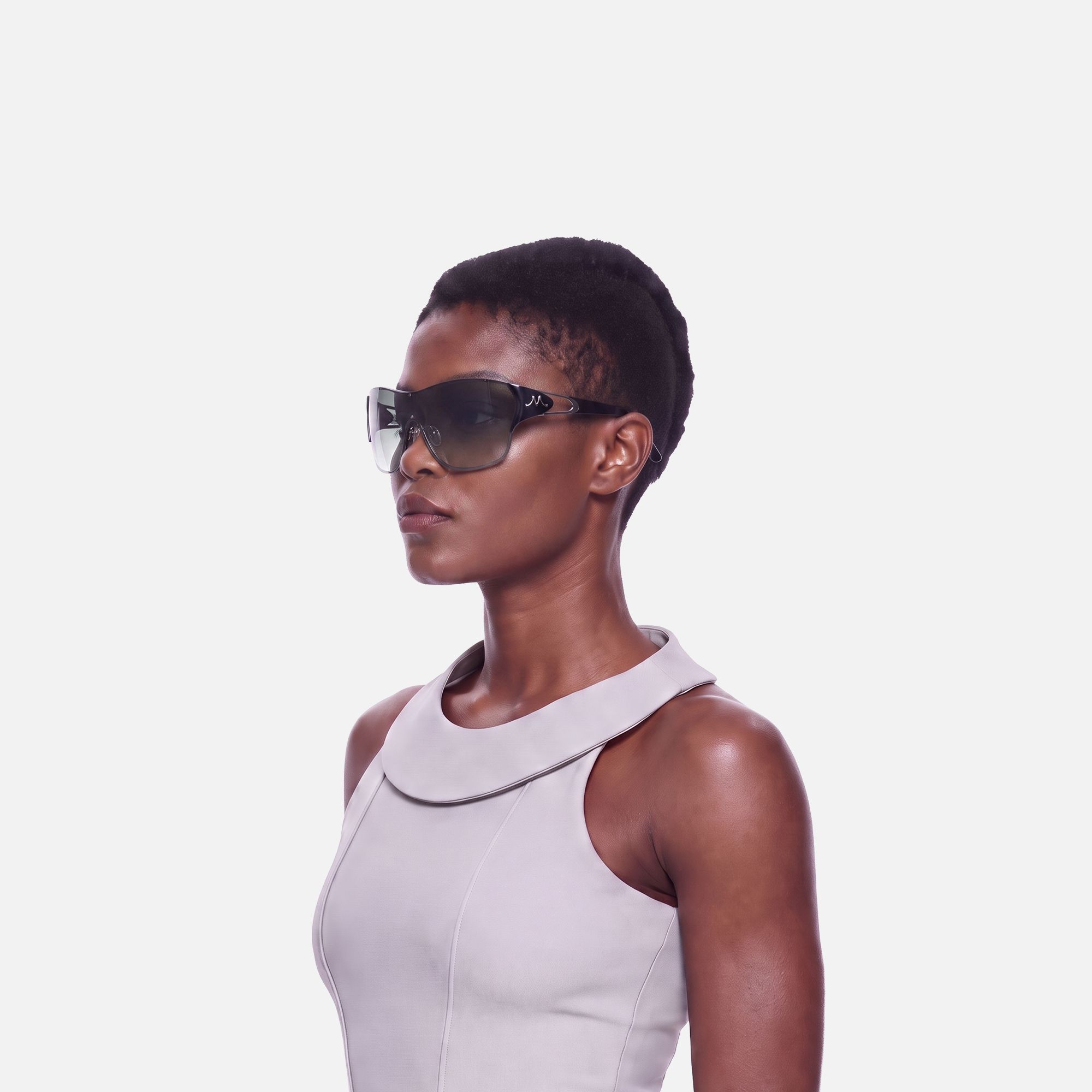 Suzuka - Black Shield Shades with Graident Tint by Vooglam - Side View On Model
