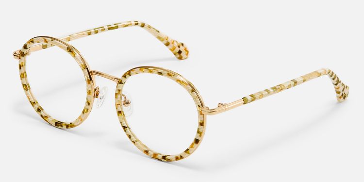 Alma - Yellow Checkered Retro Round Glasses by Vooglam