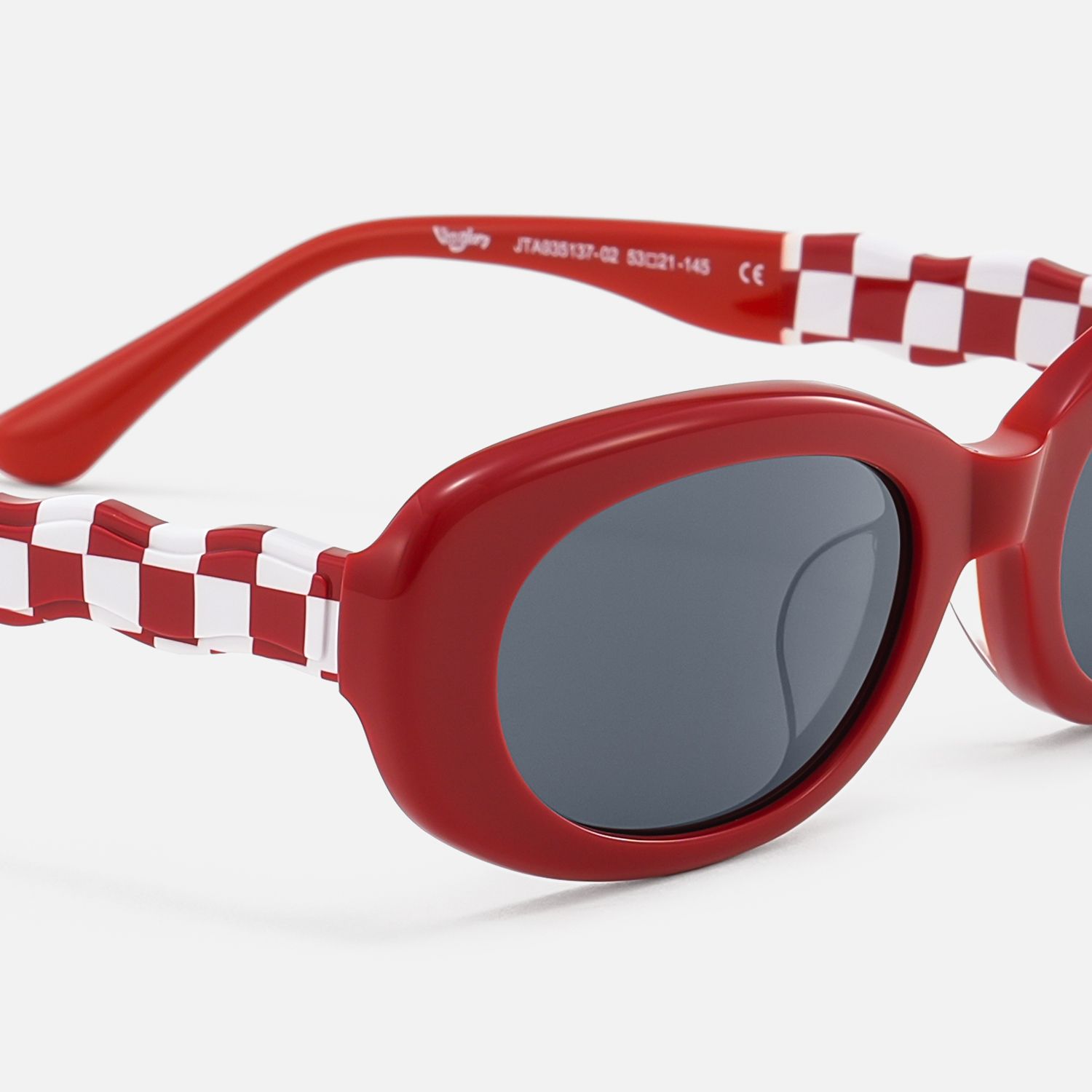 SHHHH~ - Red Checkered Oval Acetate Sunglasses by Vooglam - Design Details